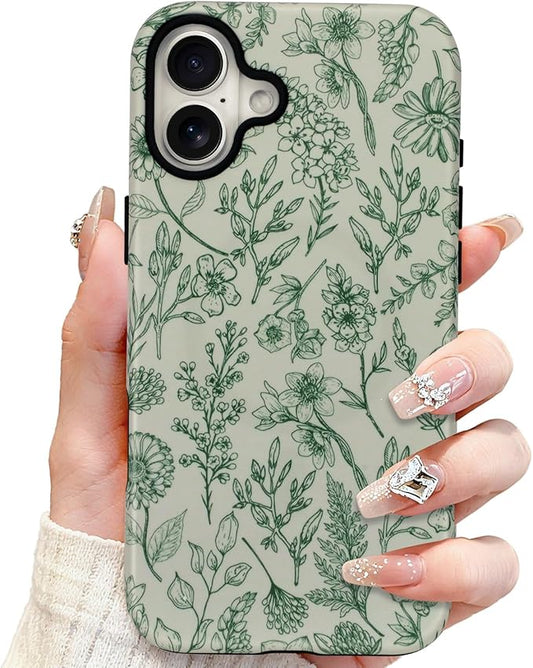 SOKAD Magnetic Sage Floral Phone Case for iPhone 16, Vintage Green Flower Pattern Compatible with Magsafe Matte Protective Case Cover with Screen Protector for Girls Women