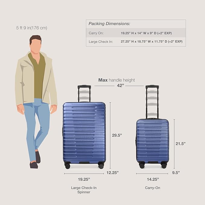 U.S. Traveler Boren Polycarbonate Hardside Rugged Travel Suitcase Luggage with 8 Spinner Wheels, Aluminum Handle, Navy, 2-Piece Set, USB Port in Carry-On