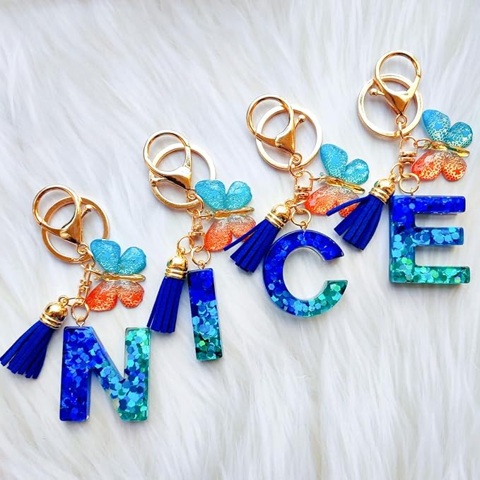 Cute Initial Letter Keychains for Women Girls Tassel Butterfly Pink Purple Green Keychain for Backpack School Bag