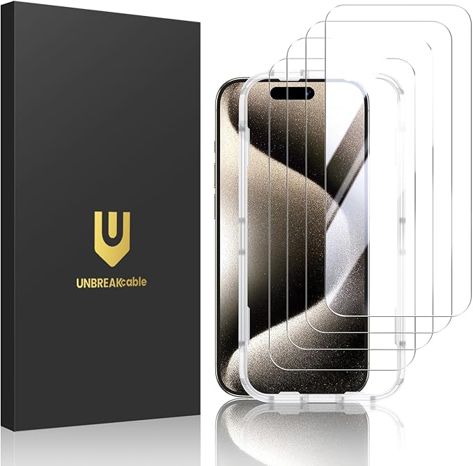 UNBREAKcable 4-Pack Screen Protector for iPhone 15 Pro, Double Shatterproof Tempered Glass [Easy Installation Frame] [9H Hardness] [99.99% HD Clear] [Case Friendly] for iPhone 6.1 inch