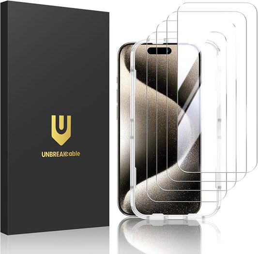UNBREAKcable 4-Pack Screen Protector for iPhone 15 Pro, Double Shatterproof Tempered Glass [Easy Installation Frame] [9H Hardness] [99.99% HD Clear] [Case Friendly] for iPhone 6.1 inch
