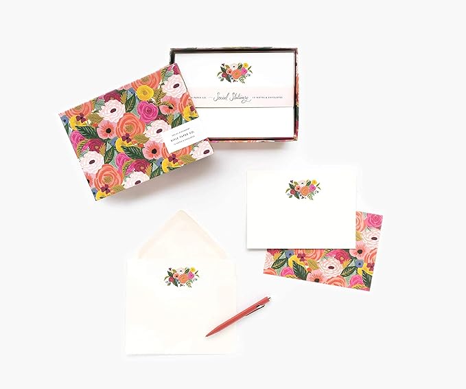 RIFLE PAPER CO. Garden Party Social Stationery Box Set, Our Social Stationery Set Includes 12 Cover-Weight Flat Notes and Envelopes Inside a Matching Box