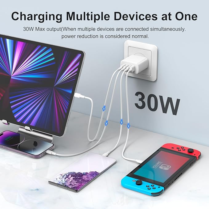 USB C Wall Charger, Amoner 2Pack 30W 4Ports iPhone Fast Charger Block (1 USB A Port +3 USB C Ports), iPhone Cube Adapter Compatible for 16/16Pro/16ProMax/15/15 Pro/14/13/12/11/SE/XS and More