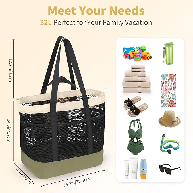 Mesh Beach Bag, Extra Large Beach Bags for Women, Lightweight Foldable Sandproof Tote Bag for Family & Vacation