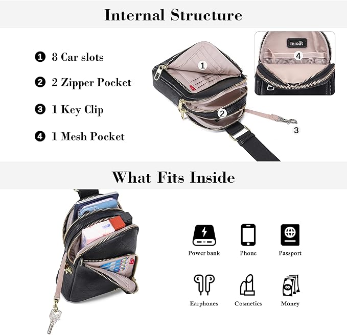 INICAT RFID Blocking Sling Bag Leather Crossbody Bags for Women Fanny Pack Cross Body for Woman Chest Bag for Travel 1.9L