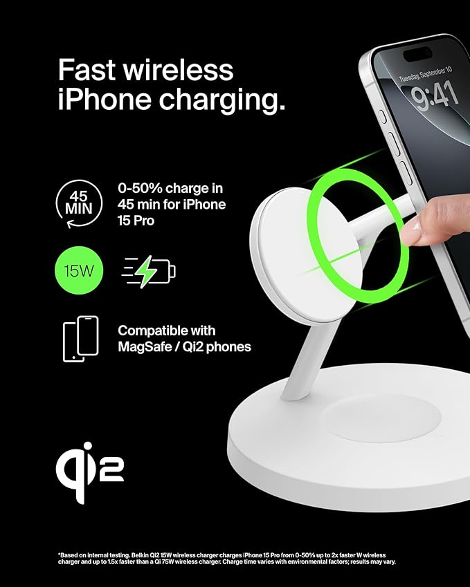 Belkin MagSafe-Compatible Charger, 3-in-1 Wireless Charging Station, Qi2-Certified 15W Wireless Charge for Apple iPhone 16 Series, Apple Watch, AirPods w/Non-Slip Base, 40W Included - White