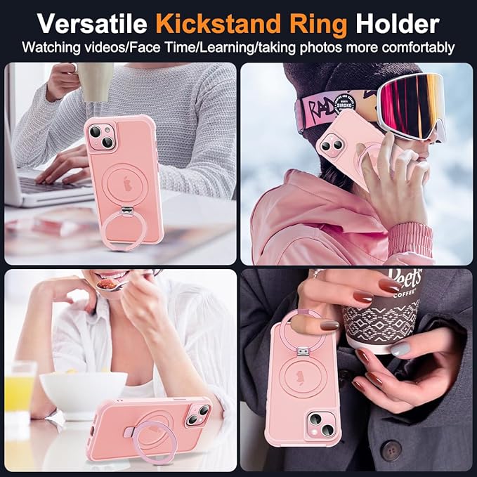 Compatible with iPhone 14 Plus Case with Invisible Magnetic O-Ring Stand Military-Grade Translucent Case for iPhone 14 Plus 6.7" [Compatible with Mag-Safe][Great Grip Feeling], Pink