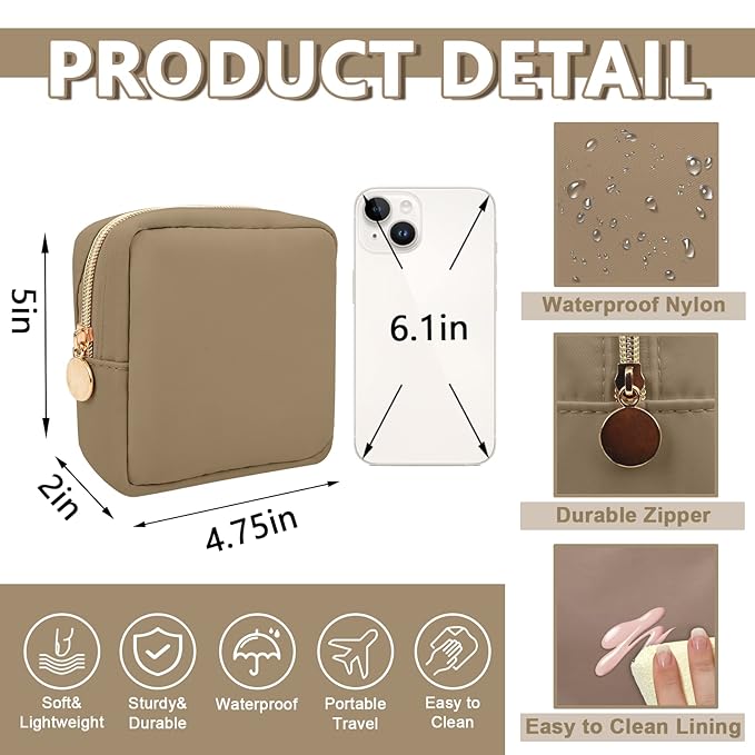 Mini Makeup Pouch for Purse, Small Cosmetic Bag Pouch Nylon Travel Toiletry Organizers for Women Girls, Cute Zipper Pouch Coin Purse Preppy Storage Bag for School Work(Mini-Khaki)