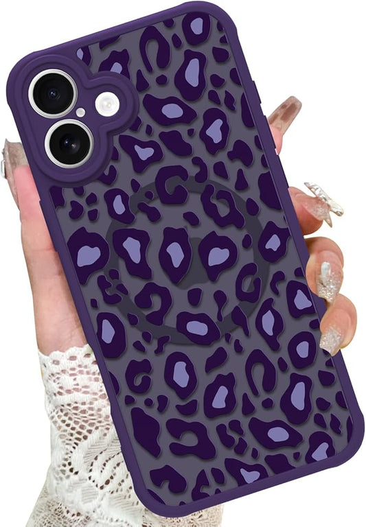 KANGHAR Case for iPhone 16 Purple Leopard Printed Pattern Cute Cheetah [Compatible with Magsafe] Protective Magnetic Case for Girls Women 6.1"