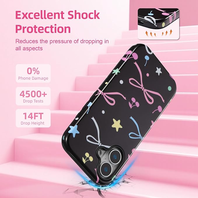 QLTYPRI Case for iPhone 16, Aesthetic Colorful Bow Cherry Stars Phone Case for Girls Women, Protective Hybrid 2-Layer Hard Shell Silicone Cover Durable Shockproof Phone Cover - Black