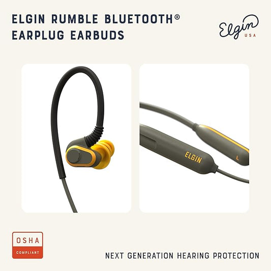 Elgin Rumble Bluetooth Earplug Earbuds, 27 dB Noise Reduction Wireless Headphones with Noise Cancelling Mic, 20 Hour Battery Life, IP67 Waterproof, OSHA Compliant Hearing Protection for Work