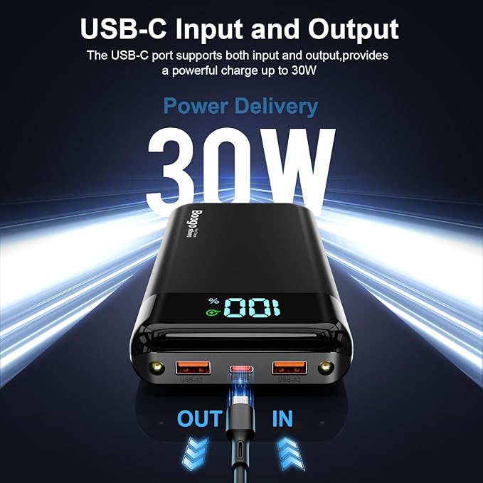 Portable Charger Power Bank 52800mAh Powerbank PD 30W and QC 4.0 Fast Charging Built-in Bright flashlight LED Display 2 USB 1Type-C Output External Battery Pack for iPhone, Samsung, iPad etc (black)