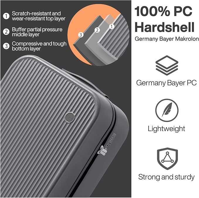 mixi 20 Inch Carry On Luggage PC Hardside Suitcases with Wheels & TSA for Travel Woman Men, Rock Gray