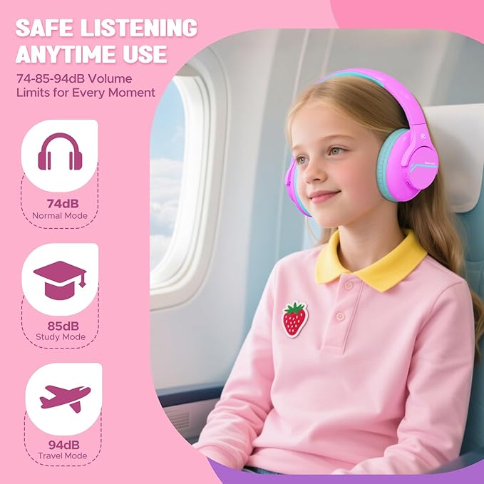 Nova1Lite Kids Wireless Active Noise Cancelling Headphones, Bluetooth 5.3, Safe Volume 74/85/94dB, Real 40H Battery, Type-C Fast Charging, Built-in Mic for School Travel Airplane, Purple