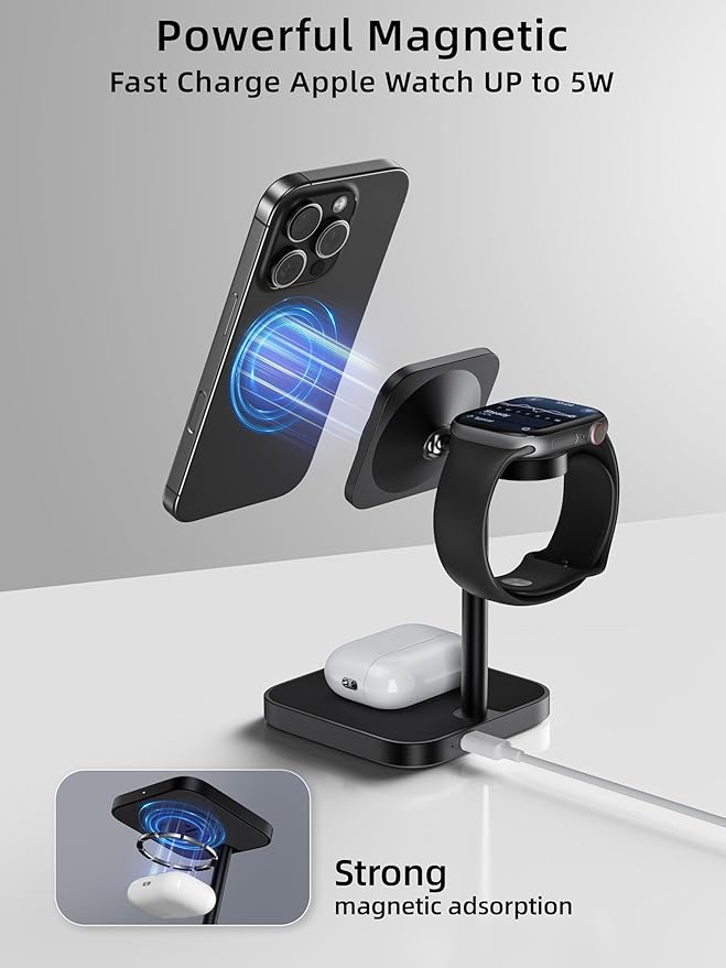 [Qi2 Certified ] LULULOOK 3 in 1 Charging Station with MagSafe, 15W QI2 Wireless Charger Stand Magnetic Charger for iPhone 17/16/15/14/13/12 Series, AirPods Pro/3/4, Apple Watch with 30W PD Adapter