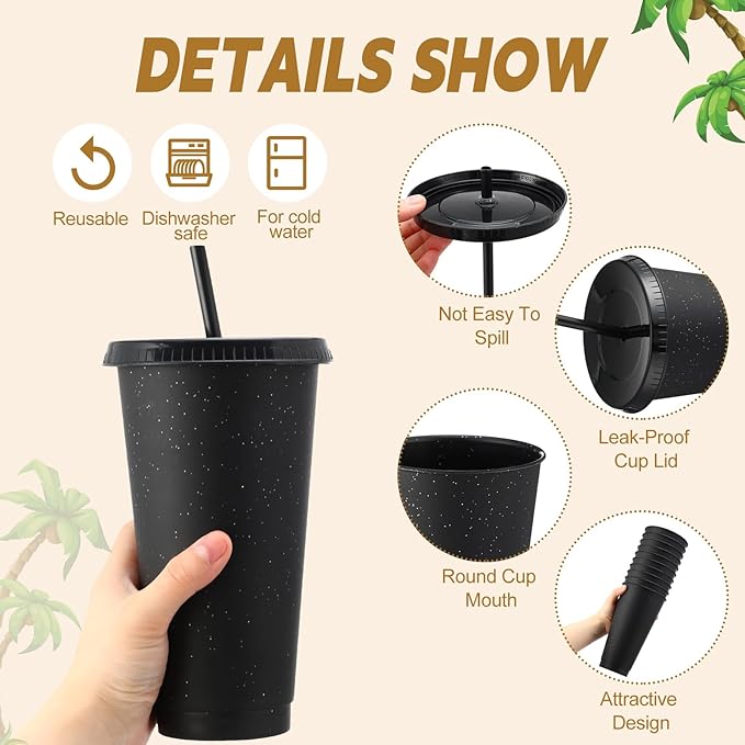 Honeydak 60 Pack Tumbler with Straw and Lid Bulk Glitter Plastic Cups Water Bottle Iced Coffee Travel Mug Reusable Party Favor Cups for Birthdays travel 24-27 oz (Black)