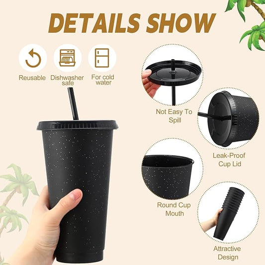 Honeydak 60 Pack Tumbler with Straw and Lid Bulk Glitter Plastic Cups Water Bottle Iced Coffee Travel Mug Reusable Party Favor Cups for Birthdays travel 24-27 oz (Black)