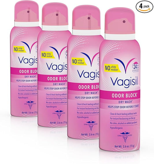 Vagisil Odor Block Dry Wash Spray for Feminine Hygiene, Gynecologist Tested, Hypoallergenic, 2.6 Ounces (Pack of 4)