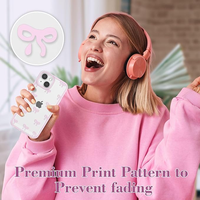 EYZUTAK Case for iPhone 15, Clear Cute Ribbon Bowknot Pattern Aesthetic Transparent Phone Case Raised Camera Protection Stylish Slim Soft Durable TPU Protective Cover for Women Girls - Pink