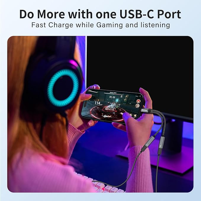 USB C Splitter, Dual USBC Headphone and Charger Adapter, 2-in-1 Type USBC Hi-Res DAC Adapter Audio Dongle Cable with PD 60W Fast Charging Cable for iPhone 16/15 Series & All USB-C Devices