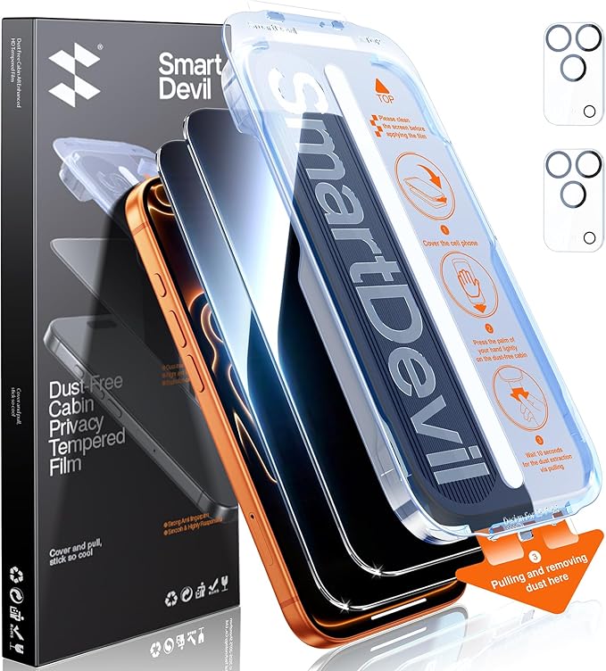 SMARTDEVIL 2+2Pack for iPhone 17 Pro Max Privacy Screen Protector with Camera Lens Protector,Shatterproof Tempered Glass [True 28°Anti Spy] [9H Hardness] [Automatic Dust-Elimination Install] [Bubble Free]