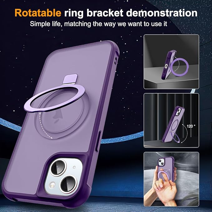 Compatible with iPhone 14 Plus Case with Invisible Magnetic O-Ring Stand Military-Grade Translucent Case for iPhone 14 Plus 6.7" [Compatible with Mag-Safe][Great Grip Feeling], Purple