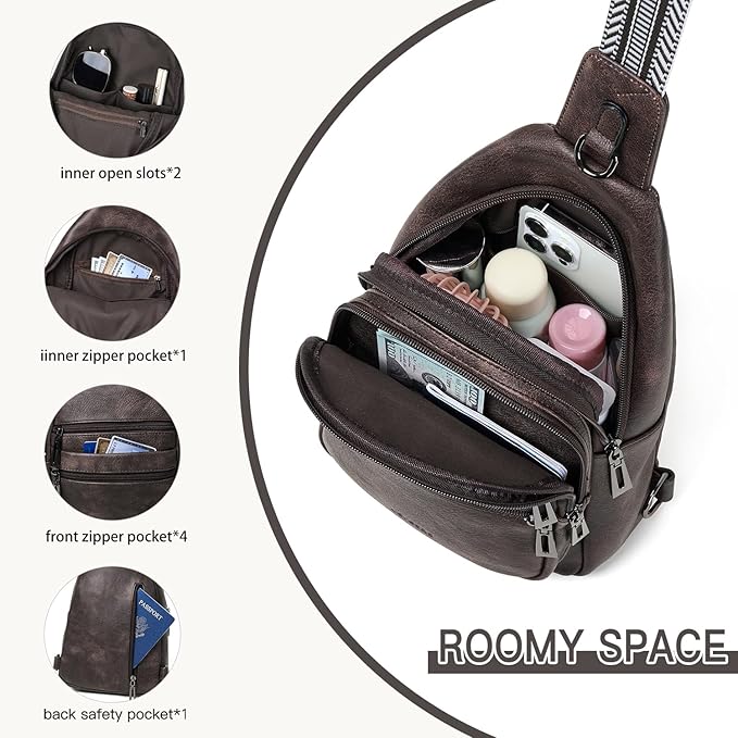 Sling Bag for Women Crossbody Fanny Pack Sling Purse Backpack Vegan Leather Travel Cross Over Shoulder Bag Coffee