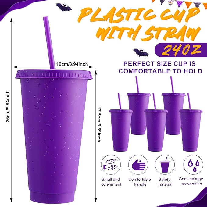 Honeydak 60 Pack Tumbler with Straw and Lid Bulk Glitter Plastic Cups Water Bottle Iced Coffee Travel Mug Reusable Party Favor Cups for Birthdays travel 24-27 oz (Purple)
