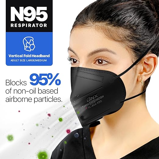 AccuMed BNX N95 Mask Black NIOSH Certified MADE IN USA Particulate Respirator Protective Face Mask (50-Pack, Approval Number TC-84A-9315 / Model H95B) Black