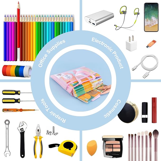 Pendancy Mesh Zipper Pouch 11x13.7 in, Large Double Pocket Waterproof File Bag with Handle, A4 Size Foldable Document Storage for Puzzle Project/Cross Stitch/Travel/Office（Pink）