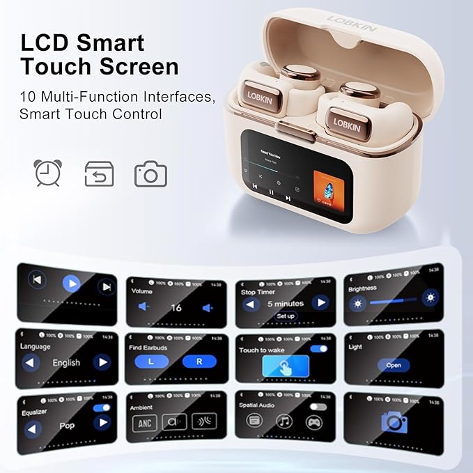 LOBKIN Open Ear Clip On Earbuds Wireless Bluetooth, Waterproof Clip On Headphones, Lightweight, Comfortable for Small Ears Women, Clip On Ear Buds with Mic, LED Display, Sports Running Workout White