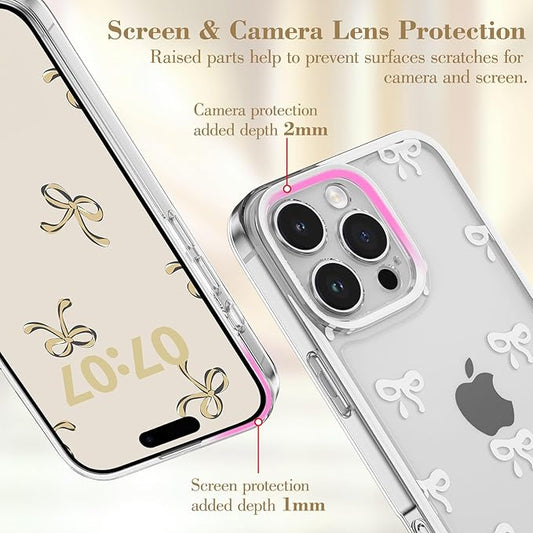 EYZUTAK Case for iPhone 16 Pro Max, Clear Cute Ribbon Bowknot Pattern Aesthetic Transparent Phone Case Raised Camera Protection Stylish Slim Soft Durable TPU Protective Cover for Women Girls - White