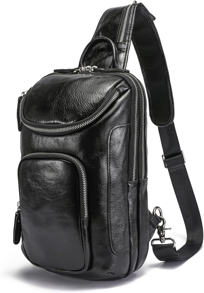 LANNSYNE Vintage Full Grain Leather Sling Bag Crossbody Chest Daypack