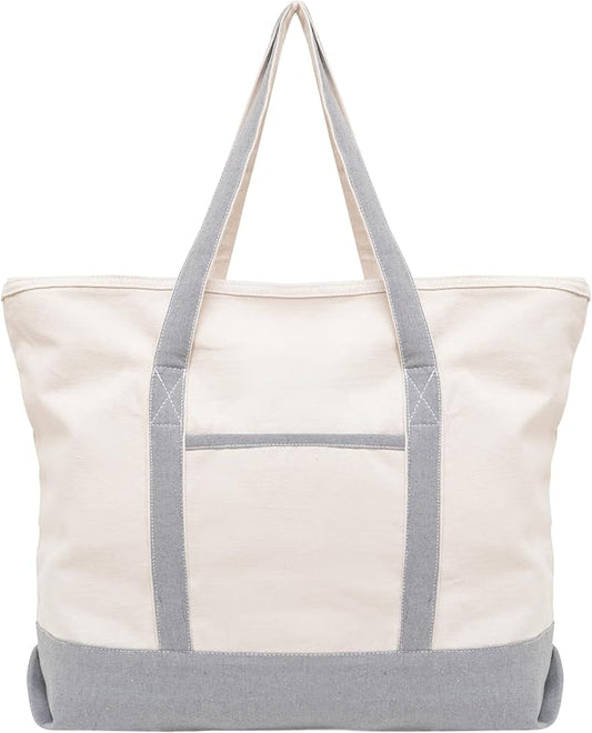 Gray Canvas Zippered Tote Bag - 22 Inches, Heavy-duty, Reusable, Washable, Foldable, and Multi-purpose 100% Cotton Canvas Tote Bag - Perfect for Beach, Library or Shopping (Gray)