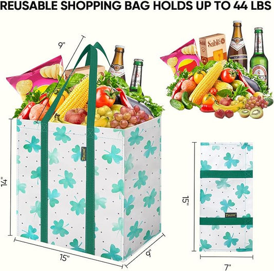 BALEINE 4 PK Grocery Bags Reusable Shopping Bags with Reinforced Bottom, Heavy Duty Foldable Tote Bags (Clover)