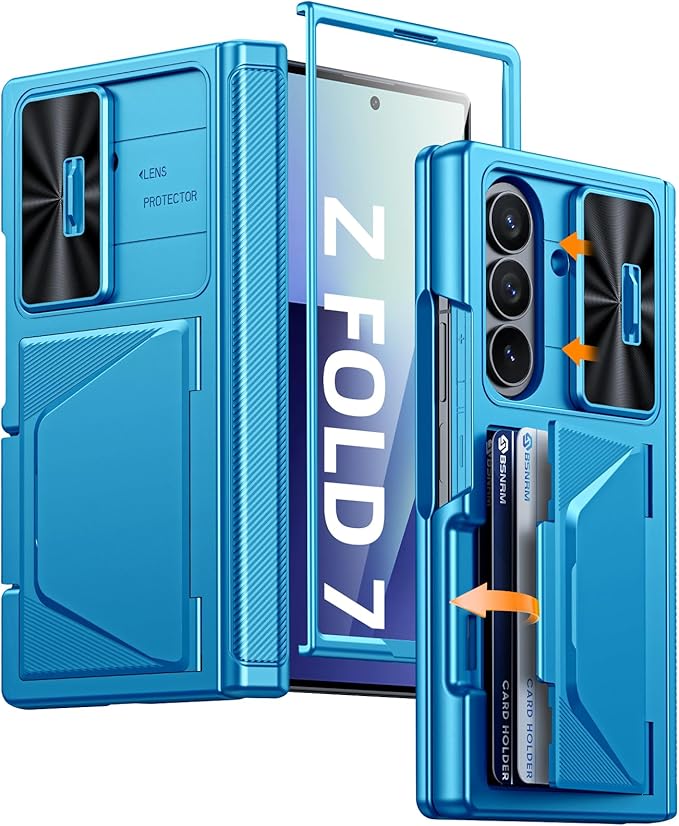 for Samsung Galaxy Z Fold 7 Case with Card Holder RFID Blocking, Built in Slide Lens Cover & Hinge Protection & Screen Protector, Shockproof Wallet Case for Z Fold 7 (Lake Blue)