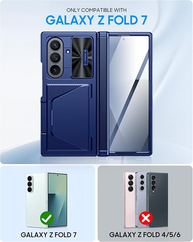 for Samsung Galaxy Z Fold 7 Case with Card Holder RFID Blocking, Built in Slide Lens Cover & Hinge Protection & Screen Protector, Shockproof Wallet Case for Z Fold 7 (Sapphire Blue)