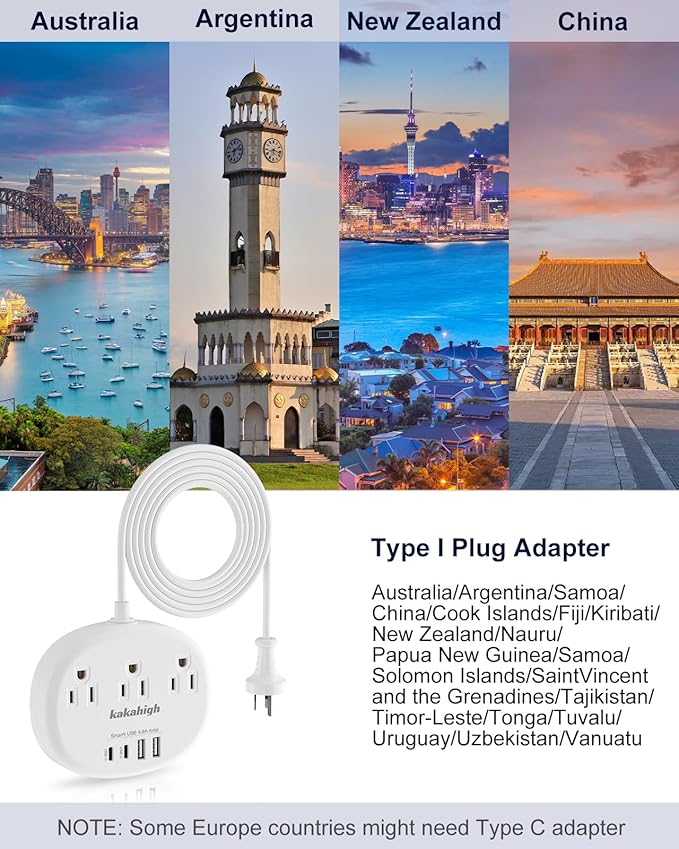 Australia Power Plug Adapter, New Zealand Power Adapter with 3 American Outlets 4 USB Ports (2 USB-C) Total 24W, Type I Plug Adapter for USA to Australia, Argentina, China, 4.2FT
