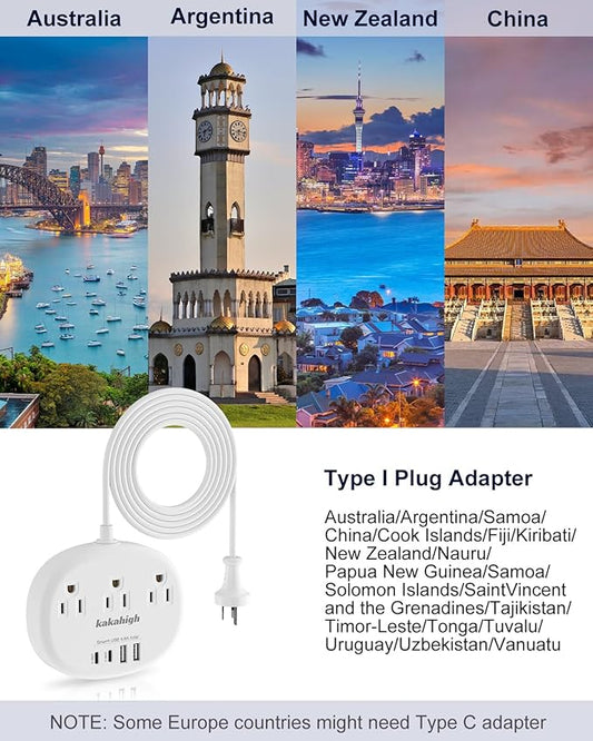 Australia Power Plug Adapter, New Zealand Power Adapter with 3 American Outlets 4 USB Ports (2 USB-C) Total 24W, Type I Plug Adapter for USA to Australia, Argentina, China, 4.2FT