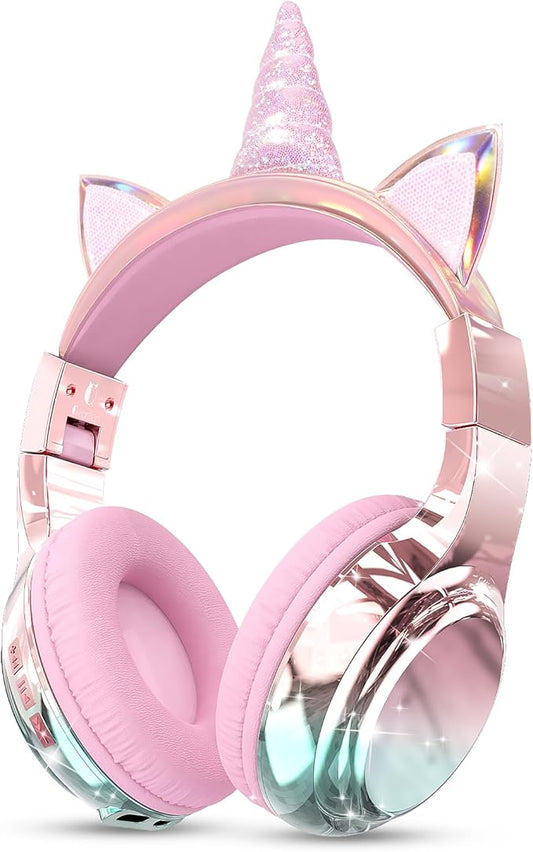 QearFun Kids Unicorn Bluetooth Headphones, 60H Playtime, 74/85/94dB Safe Volume Limit, Metallic Gradient Wireless Headset with Mic, Fast Charging, Foldable, Wired Mode for Girls School/Tablet/Travel