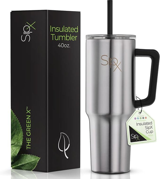 SIPX™ Insulated Tumbler With Lid And Straw, Tumbler With Handle Keeps Cold 12 Hours, Water Bottle Thermos With Lid, BPA-Free Reusable Insulated Coffee Tumblers, (Stainless, 40oz.)