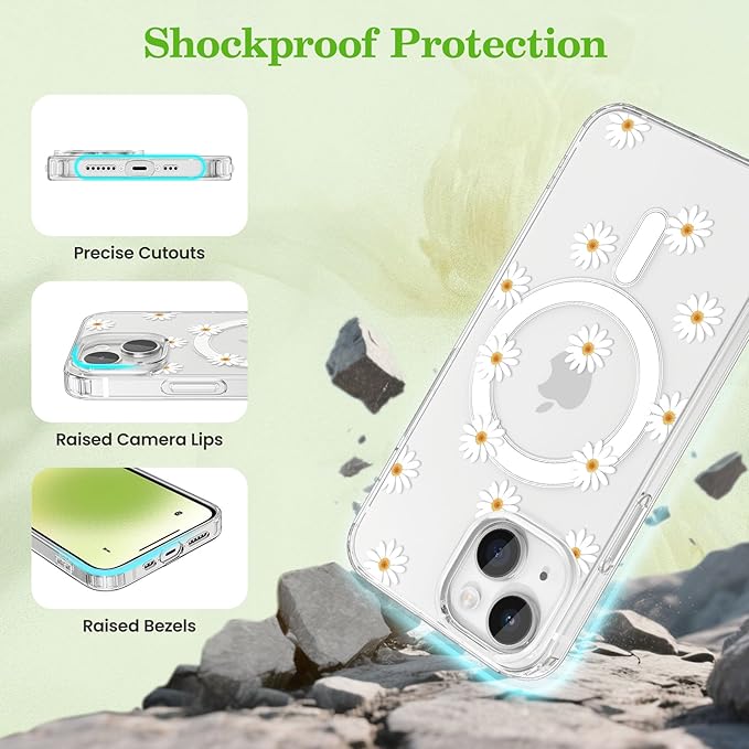 ZTOFERA for iPhone 15 Magnetic Case Compatible with Magsafe,Aesthetic Floral Pattern Design Cute for Girl Women,Anti-Drop Protective Hard Phone Cover for iPhone 15-Daisy