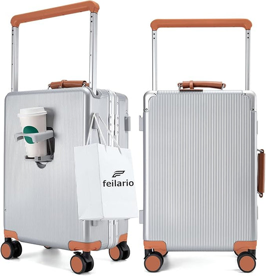 feilario 20'' Aluminum Frame Wide Handle PC Hardside Carry On Luggage - Double Spinner Wheels Luxury Rolling Travel Suitcase with TSA Lock & Cup Holder