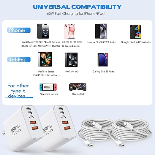 10Foot iPhone 17/16/15 Cord Fast Charging,2Pack Super Quick 35W i Phone USBC Charging Block 5-Port Phone Plug Long 10FT Type C Woven Cable for i Phone17/17 Air,iPhone 16e/16/15/15Pro,iPad Pro/Air/Mini