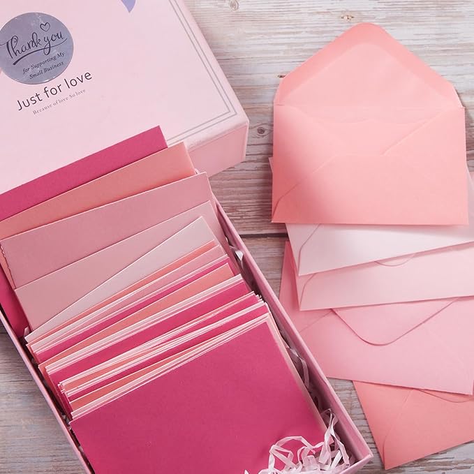 100 Pack Mini Envelopes with Note Cards in 5 Colors for Wedding, Birthday, Baby Showers, 4 x 2.7 Inches (Pink)