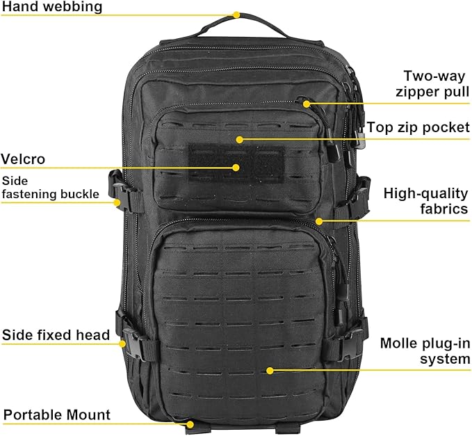 40L Tactical Backpack, Camouflage Military Bug Out Bag, Durable MOLLE Hiking Camping Gear (BLACK)