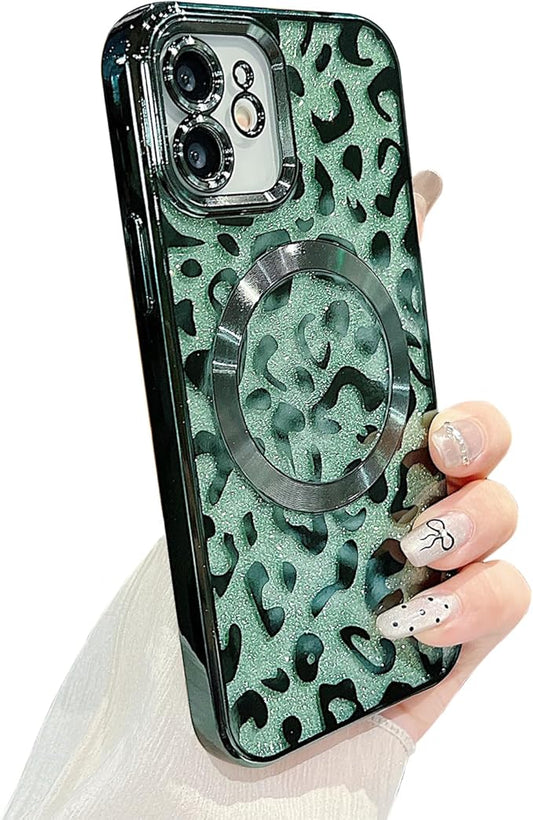 for iPhone 11 Case Magnetic,Soft Cute Luxury Leopard Cheetah Pattern Plating Glitter Bling Phone Case Compatible with MagSafe Clear Shockproof Back Cover for Women Girl 6.1"-Green