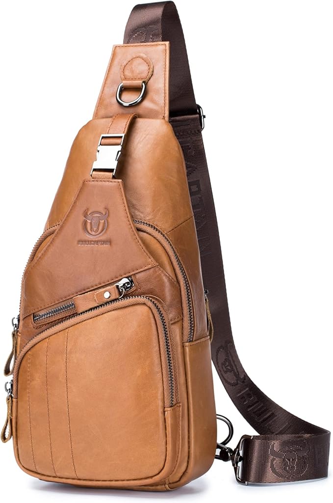 BULLCAPTAIN Men Sling Chest Bag Genuine Leather Casual Multipurpose Crossbody Shoulder Backpack Travel Hiking Daypack (Yellowish brown)