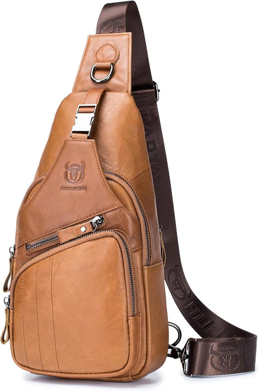 BULLCAPTAIN Men Sling Chest Bag Genuine Leather Casual Multipurpose Crossbody Shoulder Backpack Travel Hiking Daypack (Yellowish brown)