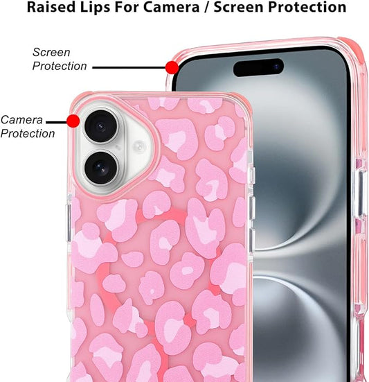 SAKUULO Magnetic for iPhone 16 Case Pink Leopard Print Pattern [Compatible with MagSafe] [with Screen Protector] Wireless Charge Strengthen Protection Cover, Pink Leopard (6.1")